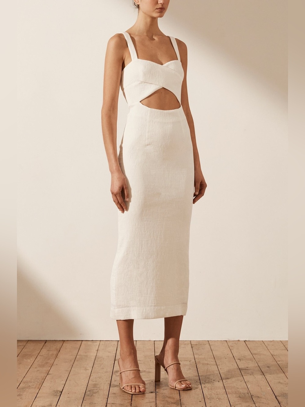 NWT Shona Joy Simone Crossover Crepe Midi Dress in Ivory Size 4